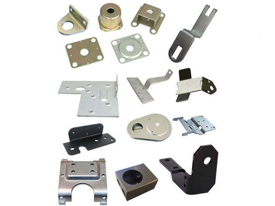 Various custom metal stamped parts and sheet metal components used in industrial applications